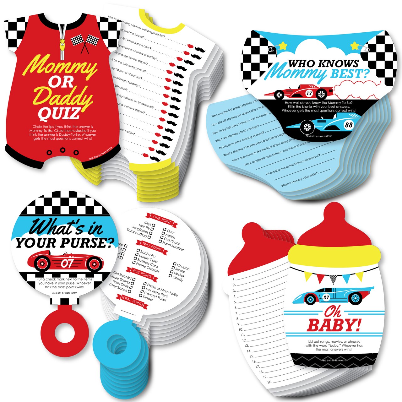 Big Dot of Happiness Let's Go Racing - Racecar - 4 Race Car Baby Shower Games - 10 Cards Each - - Gamerific Bundle
